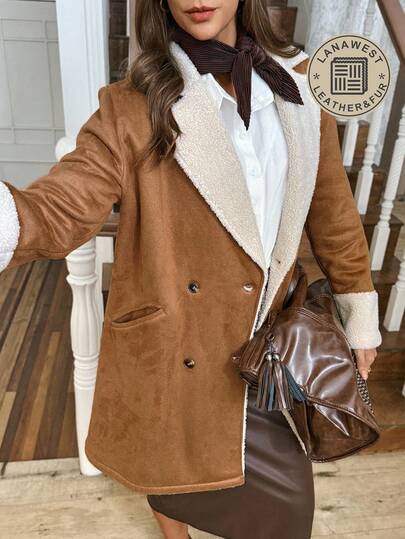 LanaWest Lana West Women's Casual Western Button Front Jacket, Regular Sleeve, Lapel Collar, Loose Fit, Brown & Solid Color, Winter