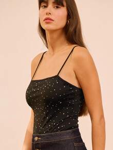 lacRébo 黑色钻石装饰方领连体衣，露背系带设计，适合秋冬季派对晚会