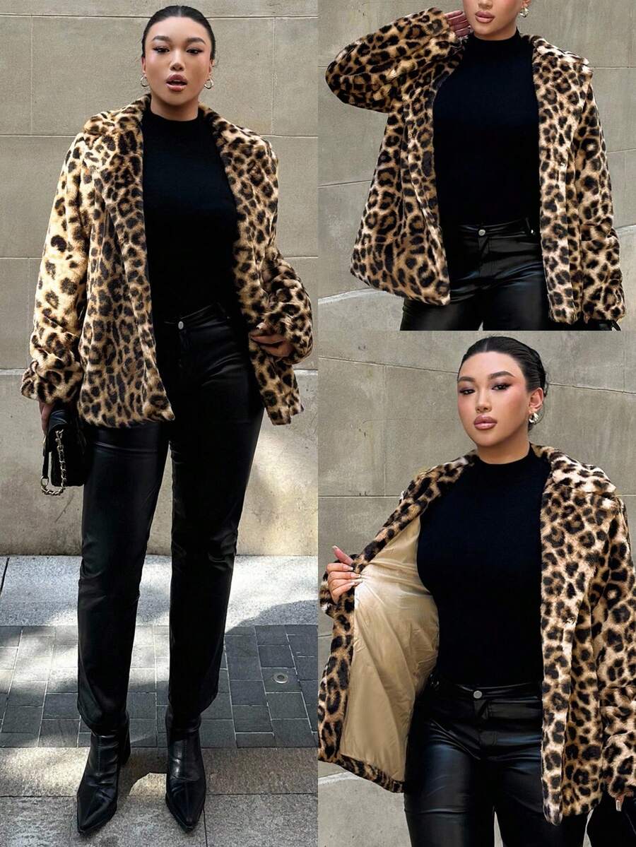 Firerie 大码女式秋冬时尚复古黑帮妻子豹纹仿皮草大衣，适合情人节、音乐会、演出、约会、正式晚会、婚礼、性感、优雅、通勤、返校、度假、海滩、优雅浪漫、办公室女神、美人鱼风格、生日派对 - 彩色 - 查看 1