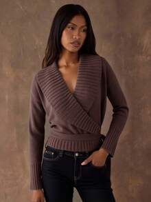 SHEIN BAE Damen Regular Unifarben Schal Kragen Drop-Shoulder Langarm Pullover mit Knotendetail an der Taille, Herbst/Winter - Kaffeebraun - Übersicht 3