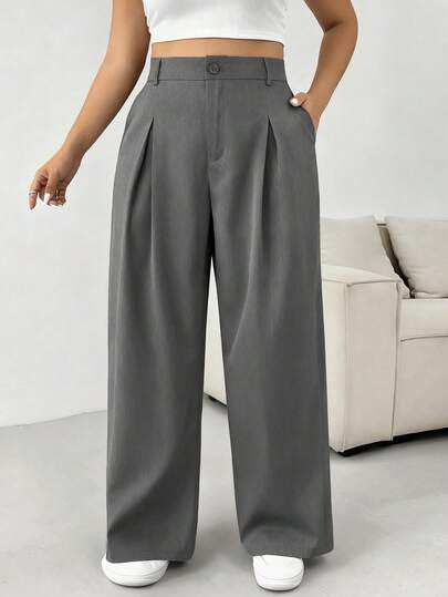 SHEIN PETITE CURVE 秋冬大码纯色纽扣休闲阔腿裤