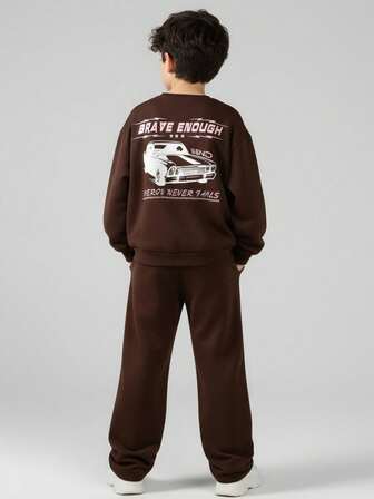 JNSQ 青少年男孩 2 件套服装：长袖羊毛运动衫，带有有趣的汽车印花图案，搭配宽松运动裤，适合秋冬季休闲装、户外活动、度假、街头装、派对