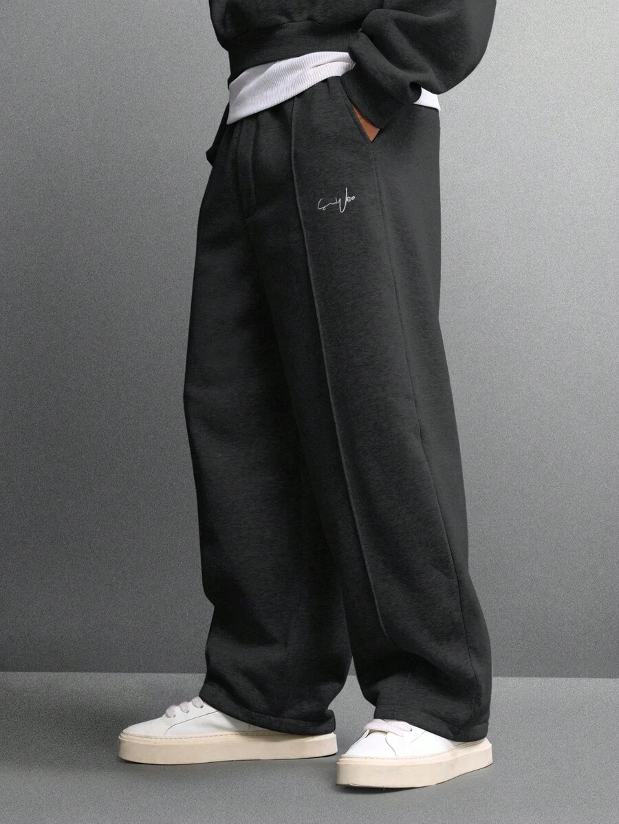 SUMWON Loose Fit Sweatpants With Signature Logo Embroidery For Everyday Comfort Plain - Dark Grey - View 1