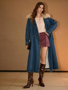 MOTF PREMIUM 撞色毛领系腰带牛仔冬装大衣 - 藍色 - 查看 3