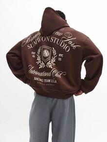 Áo Hoodie Dáng Ngắn Kiểu Thể Thao SUMWON Chất Liệu Dày Dày, Logo Thêu của Câu lạc bộ Đua xe Quốc tế, Thời trang Đường phố Thành phố New York, Bộ sưu tập Thu Đông, Phong cách Thường Ngày - màu nâu - Xem 1