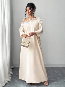 SHEIN Tall 优雅通勤休闲女式时尚畅销蕾丝拼布圆领 3/4 袖蕾丝边装饰长款设计连衣裙，舒适面料，杏色加大码 - 杏色 - 查看 5