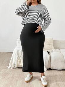 SHEIN 2pcs/Set Maternity Plus Size Striped Drop Shoulder Long Sleeve T-Shirt And Sleeveless Dress, Casual - Black - View 9