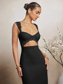 L'Amorae Elegant Lace Mesh Cut Out Sleeveless Maxi Dress - Black - View 4