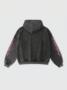 ROMWE MEN Street Life Spring Casual Graphic Men Washed Vintage Short Hoodie, Streetwear Retro Style, Fall, Long Sleeve Top - Black - View 2