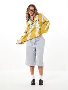 SUMWON WOMEN Downtown NYC Varsity Knit Sweater Letterman Collegiate Style Denim Collar Retro Classic Outerwear College Fashion Winter Fall