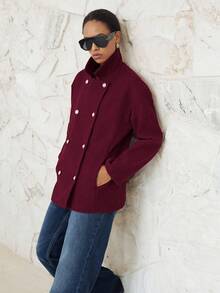 Lumivelle Women's Autumn/Winter Long Sleeve Metal Button Double-Breasted Mid-Length Overcoat - Burgundy - View 6