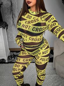 Whyspr Grunge Punk Plus Size Women Street Bold Avant-Garde Casual Punk Fashion English Letter Print Leggings, High Stretch, Suitable For Halloween, Music Festival, Cosplay - Multicolor - View 5