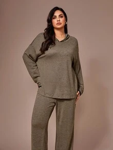 Lazeform 柔软针织花卉网纱撞色连帽上衣和裤子套装，大码家居服，舒适保暖，秋冬服装 - 咖啡棕 - 查看 5