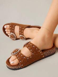Solecia Fashionable Metal Buckle Rhinestone Decor Thick Sole Sandals, Suitable For Commuting - Coffee Brown - View 1