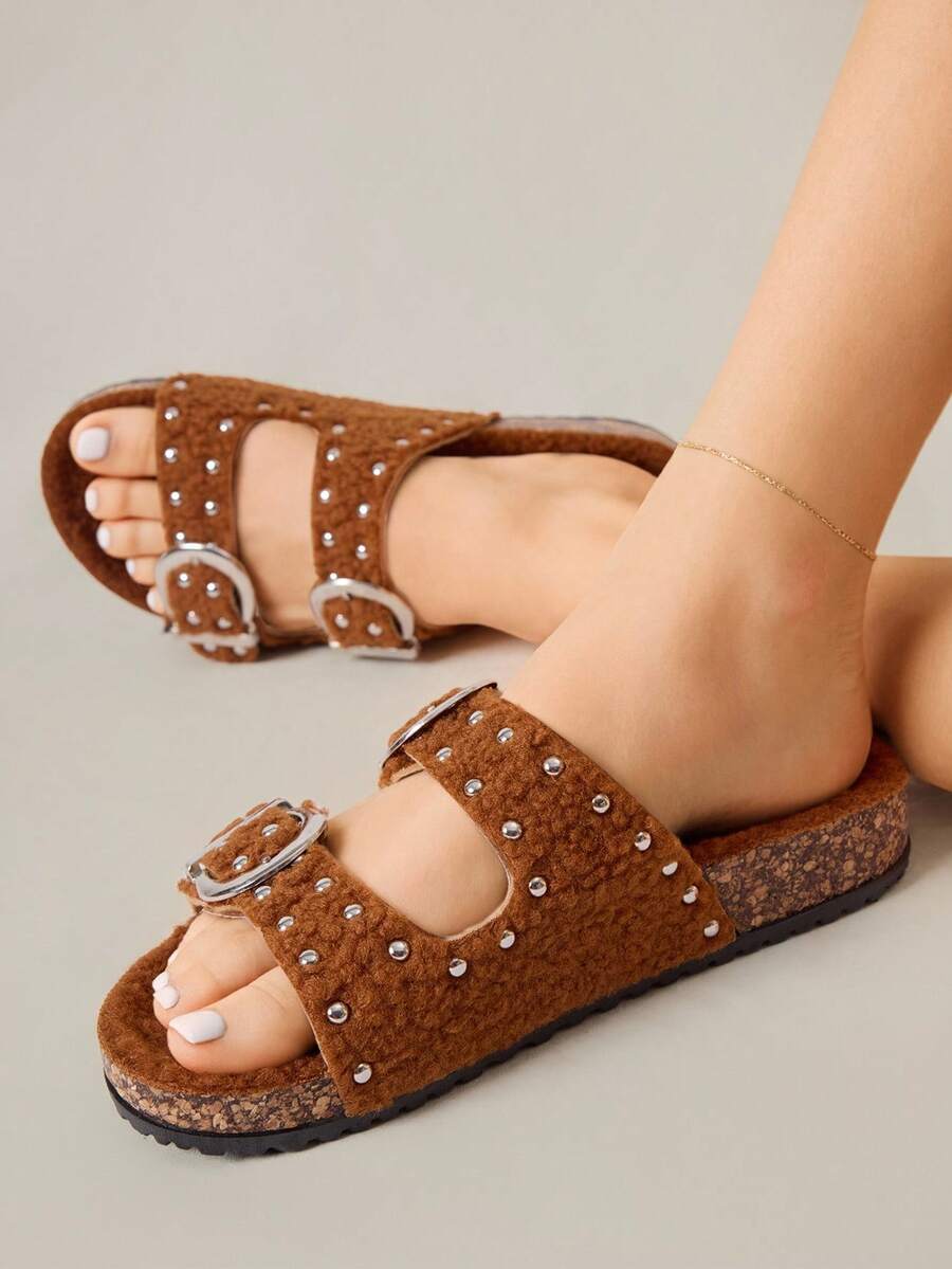 Solecia Fashionable Metal Buckle Rhinestone Decor Thick Sole Sandals, Suitable For Commuting - Coffee Brown - View 1