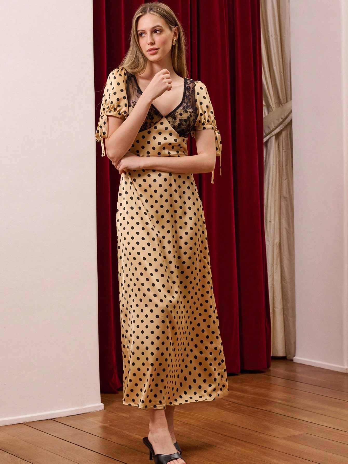 Polka Dot Satin Long Dress With Tie Sleeves And Black Lace Bodice Polka Dot Dress Women Party Dress Autumn Dress Winter Dress Night Dresses Party Women Polka Dot Dress Business Casual Dress  Party Outfits