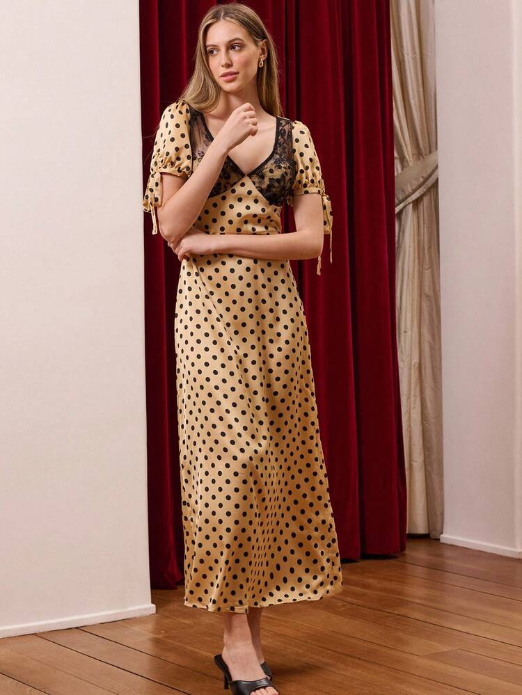Polka Dot Satin Long Dress With Tie Sleeves And Black Lace Bodice Polka Dot Dress Women Party Dress Autumn Dress Winter Dress Night Dresses Party Women Polka Dot Dress Business Casual Dress  Party Outfits