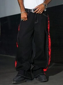 Manfinity EMRG 休闲时尚个性街头风格阔腿纽扣门襟男士牛仔裤 - 黑色 - 查看 4