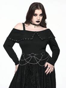 ROMWE Goth 大码哥特式提花骷髅蕾丝边不对称下摆单肩带连衣裙，秋冬大码女装，哥特式大码连衣裙，秋冬休闲大码连衣裙 - 黑色 - 查看 2
