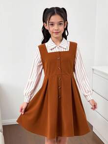 1pc Girls Corduroy Striped Shirt Collar Button Down Dress, Fashionable Casual Everyday Wear Fall Winter - Coffee - View 1