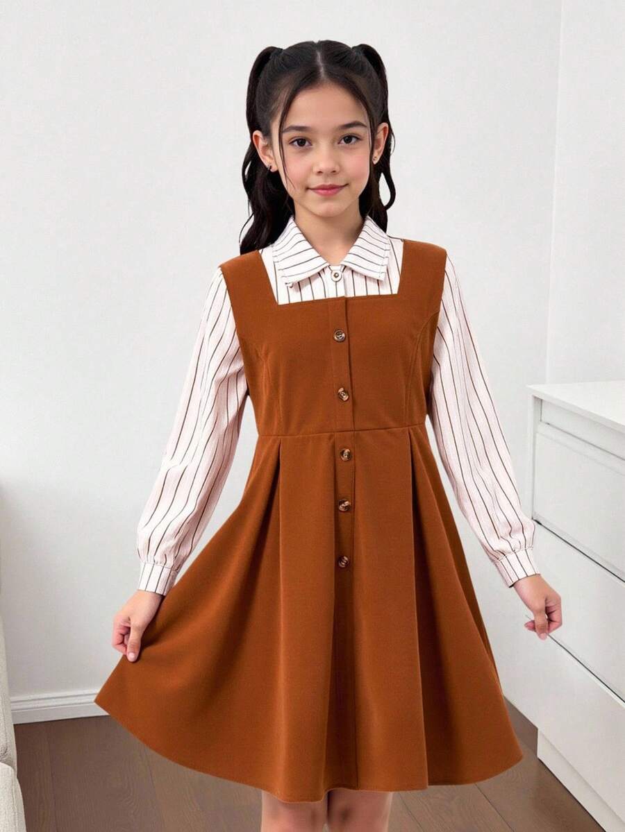 1pc Girls Corduroy Striped Shirt Collar Button Down Dress, Fashionable Casual Everyday Wear Fall Winter - Coffee - View 1