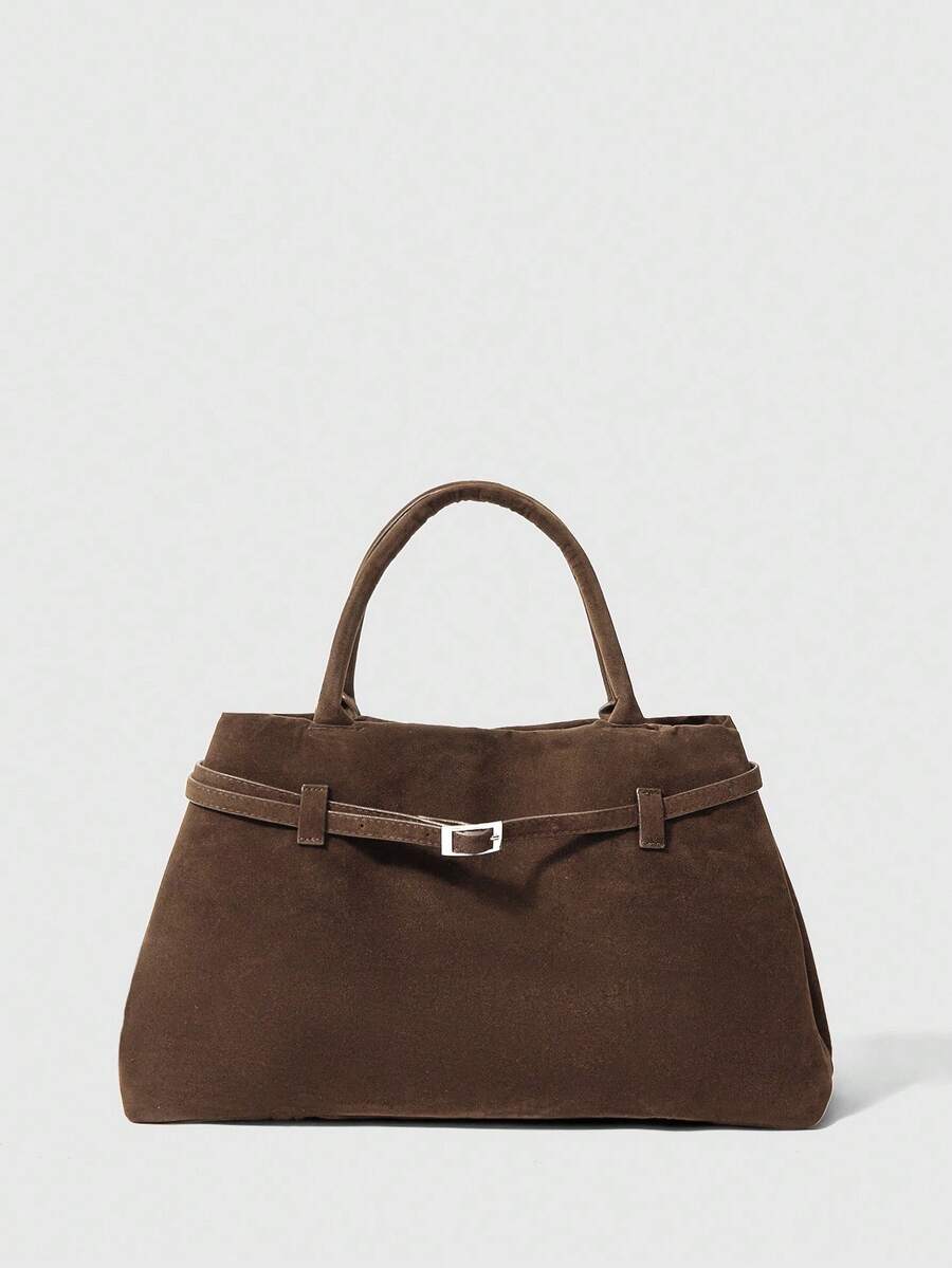 SHEIN BAE Geantă retro din piele intoarsă, geantă de cumpărături de capacitate mare, geantă de umăr din piele PU pentru utilizare zilnică și muncă, geantă pentru femei la modă de toamnă și iarnă, geantă de piele la modă - cafea maro - Vizualizare 1