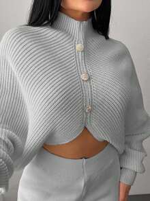 EURMUSE 2 Pieces Ribbed Knit Lounge Set Featuring Asymmetrical Sweater With Decorative Bow Accents And Matching High-Waisted Pants - Grey - View 5
