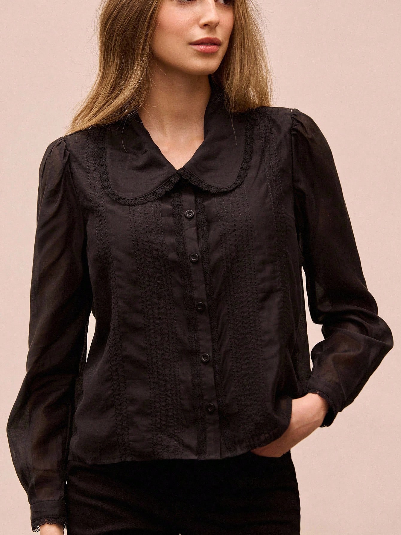 Black Sheer Embroidered Organza Blouse With Peter Pan Collar Office Business Casual Top Spring Summer French Style Parisian Style