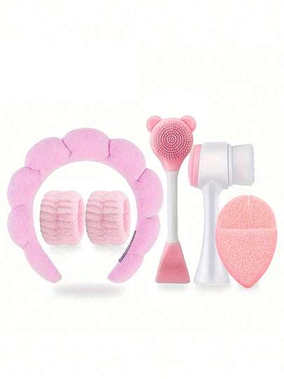 SHEIN 6pcs/Set Face Cleaning Tools - Includes Portable Headband + 2 Wrist Bands, Silicone Facial Cleansing Brush, Cleansing Pad + Dual-Head Face Mask Brush - Makeup Remover Puff - Travel Portable Facial Cleaning Kit - Suitable For Home Beauty Routines, Outdoor Travel, Ideal For Business Trips For Men And Women