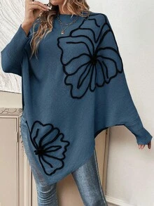 EMERY ROSE Sweater Wanita Modis dengan Warna Kontras, Leher Bulat, Lengan Kelelawar, dan Hem Panjang Asimetris - Biru - View 6