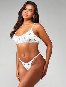 Missguided x Playboy 兔子印花蕾丝边文胸丁字裤内衣套装精致白色内衣扇形边缘无衬里软杯内衣礼物 - 彩色 - 查看 3