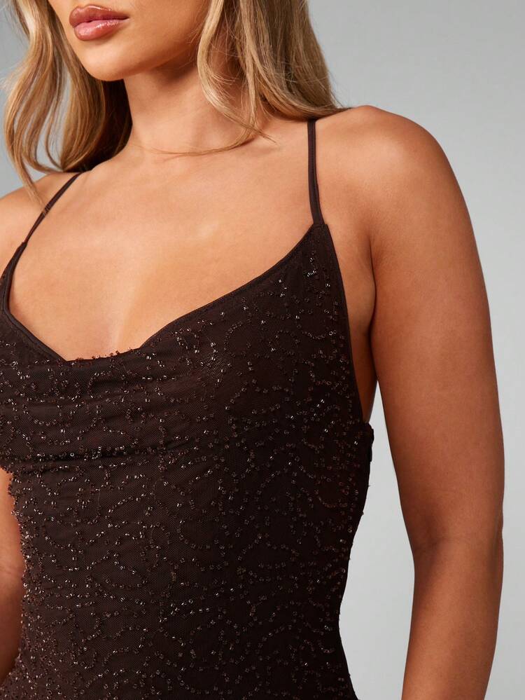 MISSGUIDED Funkelndes Cowl-Neck Maxikleid Abendgarderobe Spaghetti-Träger bodenlang Kleid für Partys, Hochzeitsgäste, Feiertage, Silvester Ball