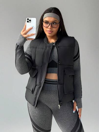 SHEIN Rhythm Era Plusstorlek Dam Casual Enfärgad Rund Halsad Loose Fit Västjacka, Vinter