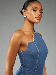 MISSGUIDED One Shoulder Denim Mini Dress Scalloped Hem Form Fitting Bodycon Summer Party Club Wear Sleeveless Statement Design Fashion Forward