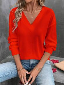 EMERY ROSE 女式休闲纯色V领落肩长袖T恤 - 橘色 - 查看 6