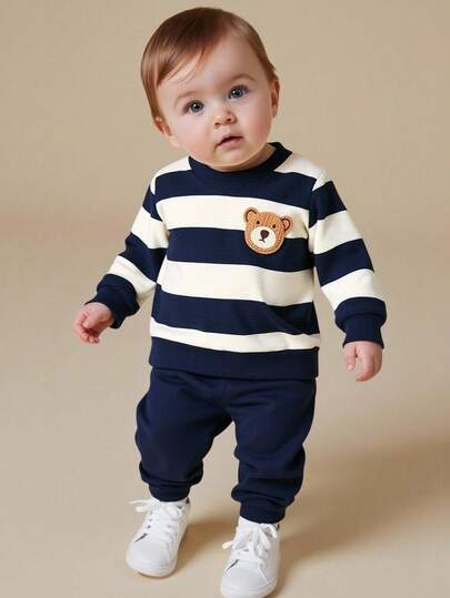 SHEIN Playful Pals 2pcs Baby Boy Spring/Autumn Colorblock Striped Crew Neck Long Sleeve Top With Cute Bear Graphic, Paired With Solid Blue Slim Fit Pants, Casual Outfit Suitable For Outings, Homewear, Light Sports, And Birthday Parties Baby Boy Clothes Long Sleeve Baby Casual Sets Infant Boy Clothes With Bear Parties Baby Boy Striped Outfit Black And White Baby Boy Outfit Baby Boy Outfit Baby Boy Outfit Set Toddler Boy Clothes Boys Outfit Sets Fall Winter