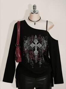 SHEIN ICON Casual Simple Cross Print Plus Size Women's Asymmetrical Shoulder Strap T-Shirt, Vintage Y2K Punk Style Dark Shoulder Top, Casual Outfit For Women, Spring/Autumn/Winter