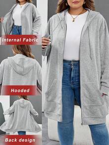 SHEIN CURVE+ Felpa con cappuccio casual con chiusura lampo e tasche, tinta unita, taglie comode, abbigliamento autunnale/invernale da donna