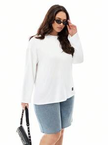 SHEIN EZwear 大码白色圆领长袖宽松休闲 T 恤