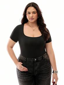 SHEIN EZwear Black Turtleneck Tight Fitting Short Sleeve Elastic Bodysuit - Black - View 1