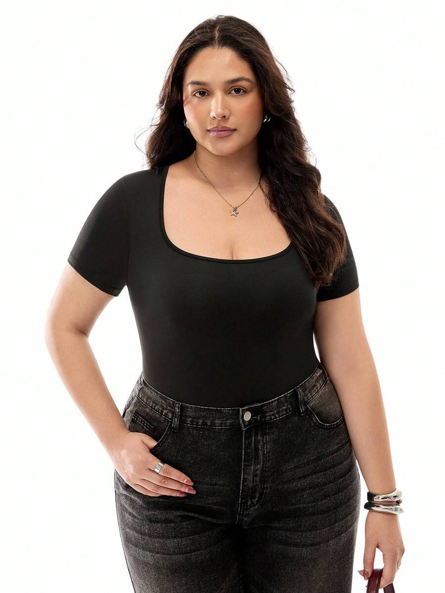 SHEIN EZwear Black Turtleneck Tight Fitting Short Sleeve Elastic Bodysuit - Black - View 1