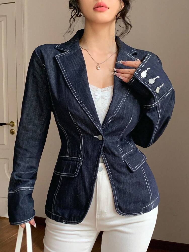 Women's Lapel Topstitching Decor Waist Cinched Long Sleeve Casual Denim Jacket And Coat