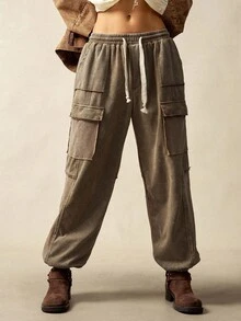 Bohemela Casual Knit Patchwork Wide Leg Tie Waist Women Pants - Brown - View 4