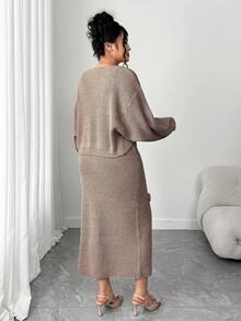 Elenzga Plus Size Solid Color Elegant Knitted Floral Dress With Batwing Cardigan Sweater Set - Khaki - View 2