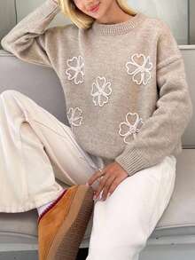 EURMUSE Damen Rundhals Strick Pullover in lockerer Passform, bequem und warm mit Blumen Stickerei - Beige - Übersicht 6