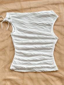 Tween Girls Casual Elegant Vacation Textured Ruched Asymmetrical Neck Cropped T-Shirt White Textured Top White Tie Top Cute White Tops