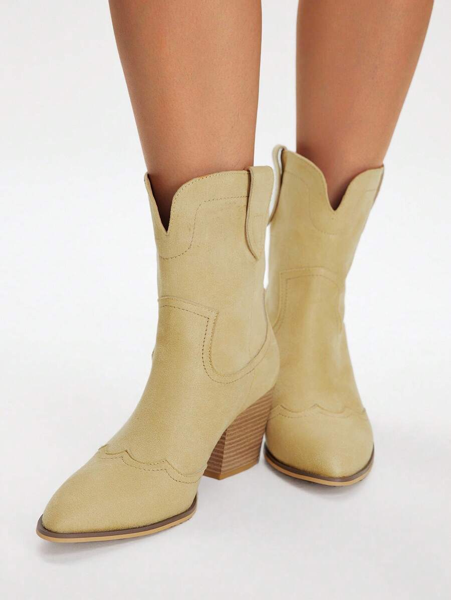 Styleloop Botas de tobillo con tacón alto grueso de estilo retro y occidental de CUCCOO - Albaricoque - Ver 1