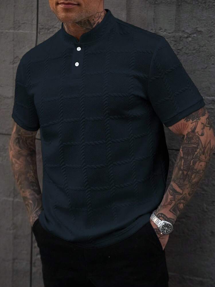 Manfinity Homme Camisa Polo Masculina de Cor Sólida, Casual, Gola Padre, Manga Curta, Camisa Polo Masculina Tricotada com Botões, Camisa Polo Masculina, Camisa de Golfe Masculina Tricotada, Camisa Masculina - Azul Marinho - Visão 4