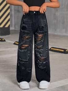 SHEIN Tween Girl Y2K Fashionable Retro Washed High Waist Distressed Ripped Straight Leg Jeans, Back To School Casual - Black - View 5