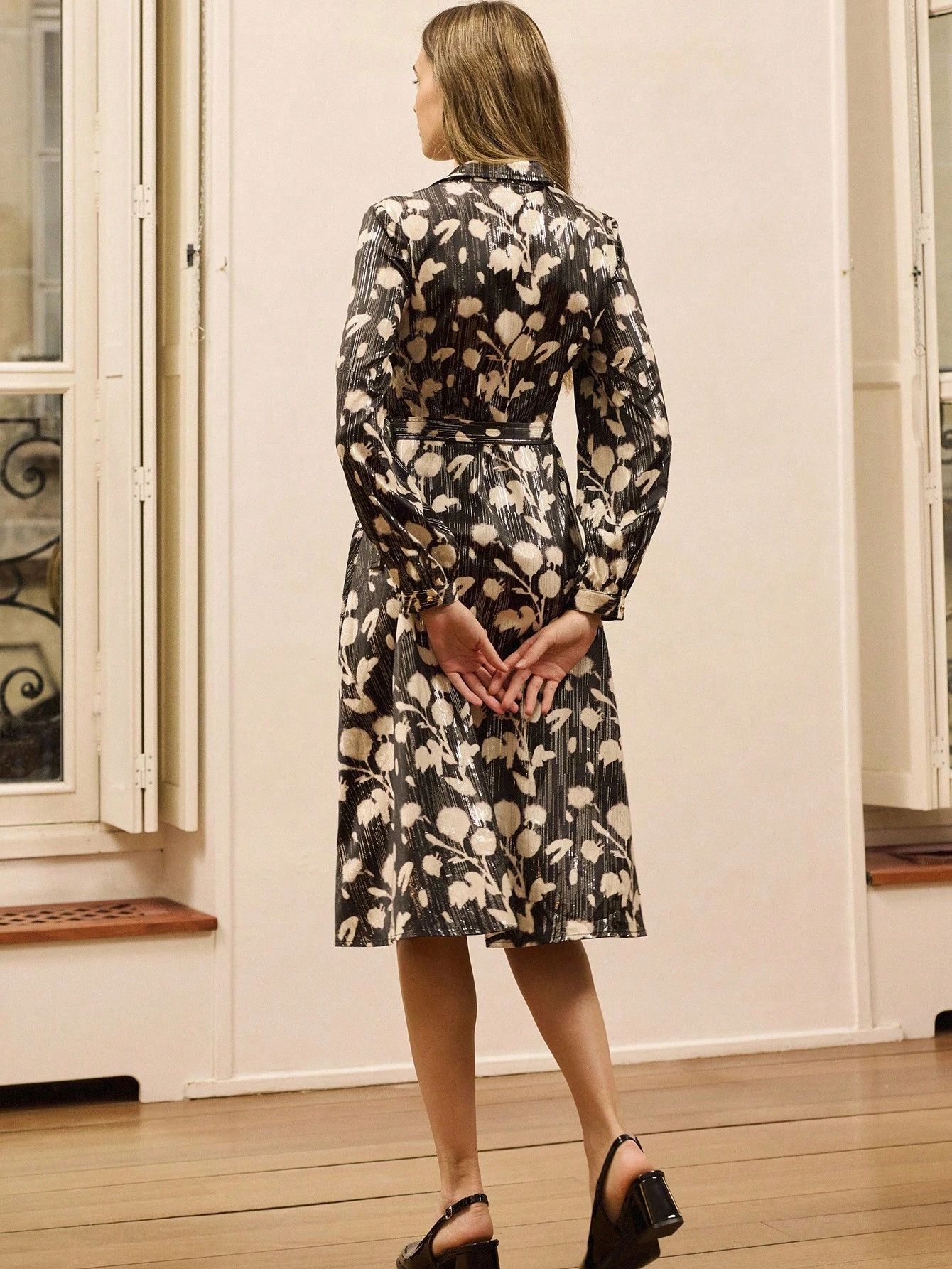 Metallic Floral Print Midi Dress With Button Front And Belted Waist Spring Women Clothes Spring Dress Spring Women Clothes Spring Summer French Style Dress Office Outfits Business Casual